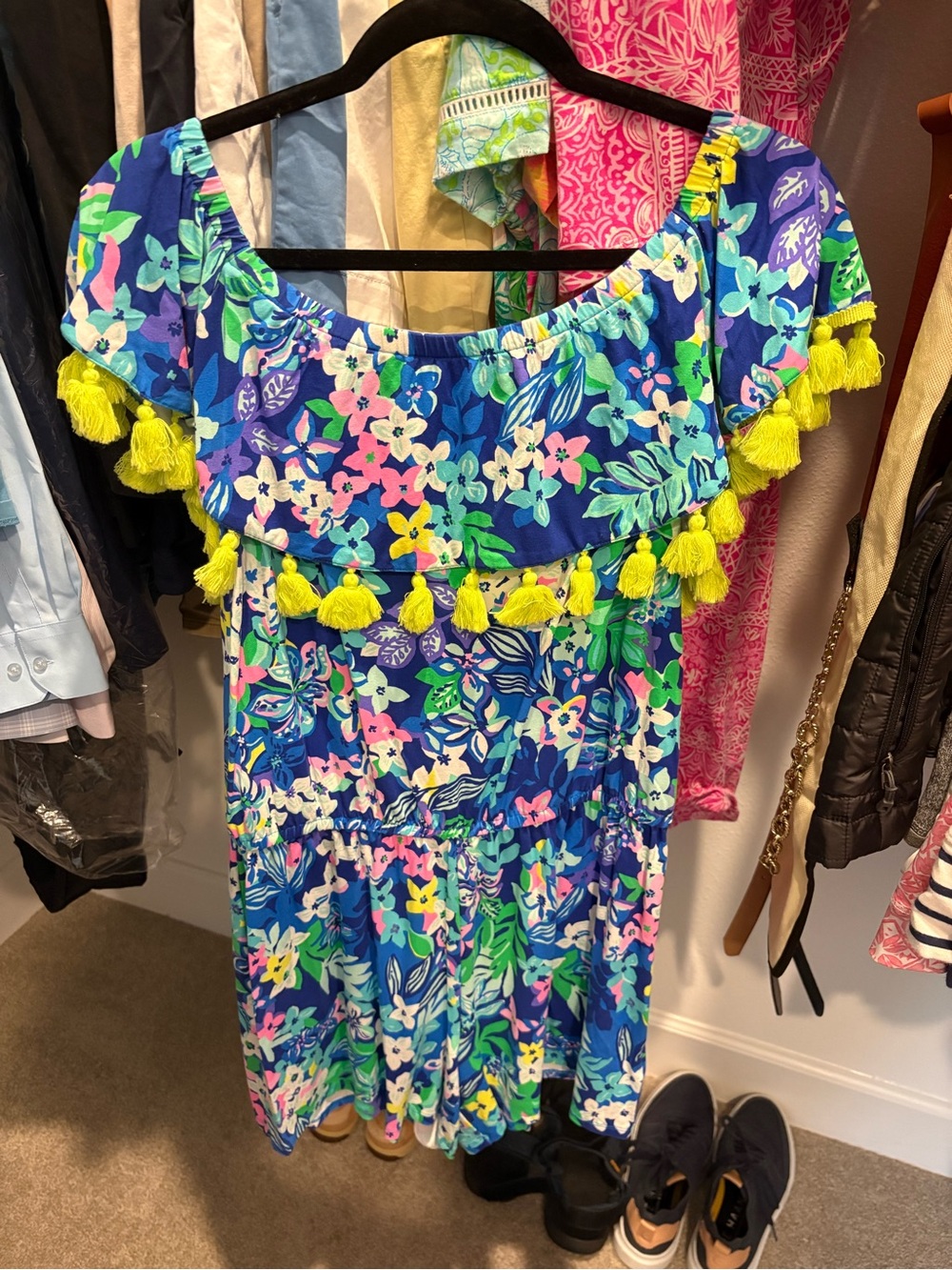 Lilly Pulitzer Blue Floral Off-Shoulder Dress with Yellow Tassels